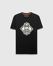 Mens Tobias Graphic Tee, black classic fit jersey t-shirt featuring a large central raised white Psycho Bunny skull diamond graphic with Psycho Bunny text on its sides.