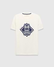 Mens Tobias Graphic Tee, a cream classic fit jersey t-shirt with a large central navy blue Psycho Bunny skull and crossbones logo inside a diamond graphic, featuring Psycho Bunny text.