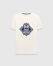 Mens Tobias Graphic Tee, a cream classic fit jersey t-shirt with a large central navy blue Psycho Bunny skull and crossbones logo inside a diamond graphic, featuring Psycho Bunny text.