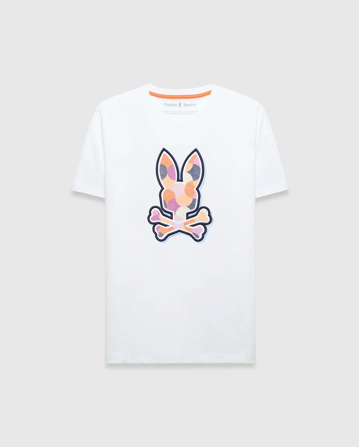 Mens Ethan Graphic Tee, white classic fit jersey t-shirt featuring a large colorful geometric Psycho Bunny skull logo on the chest and orange contrast neck tape. (1)