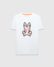 Mens Ethan Graphic Tee, white classic fit jersey t-shirt featuring a large colorful geometric Psycho Bunny skull logo on the chest and orange contrast neck tape. (1)