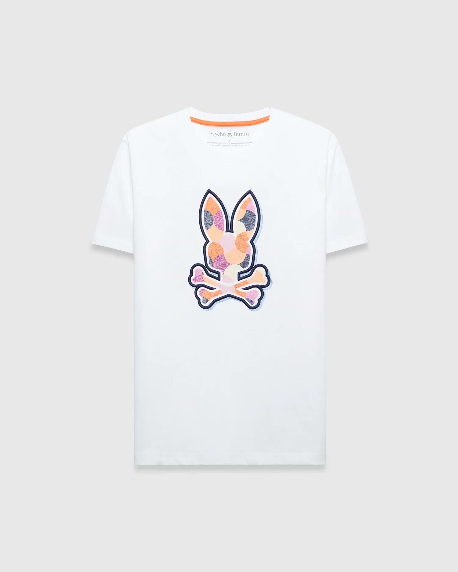 Mens Ethan Graphic Tee, white classic fit jersey t-shirt featuring a large colorful geometric Psycho Bunny skull logo on the chest and orange contrast neck tape. (1)