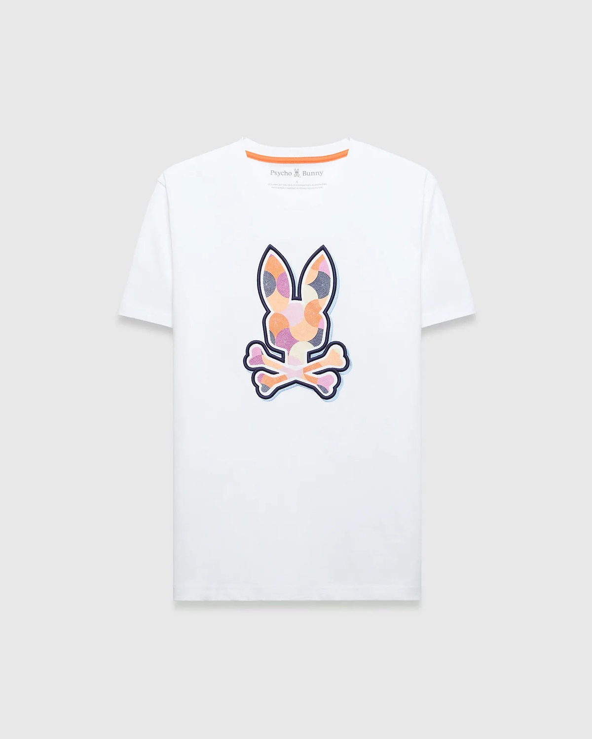 Mens Ethan Graphic Tee, white classic fit jersey t-shirt featuring a large colorful geometric Psycho Bunny skull logo on the chest and orange contrast neck tape. (1)