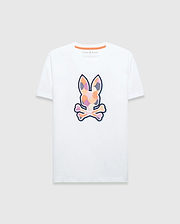 Mens Ethan Graphic Tee, white classic fit jersey t-shirt featuring a large colorful geometric Psycho Bunny skull logo on the chest and orange contrast neck tape. (1)