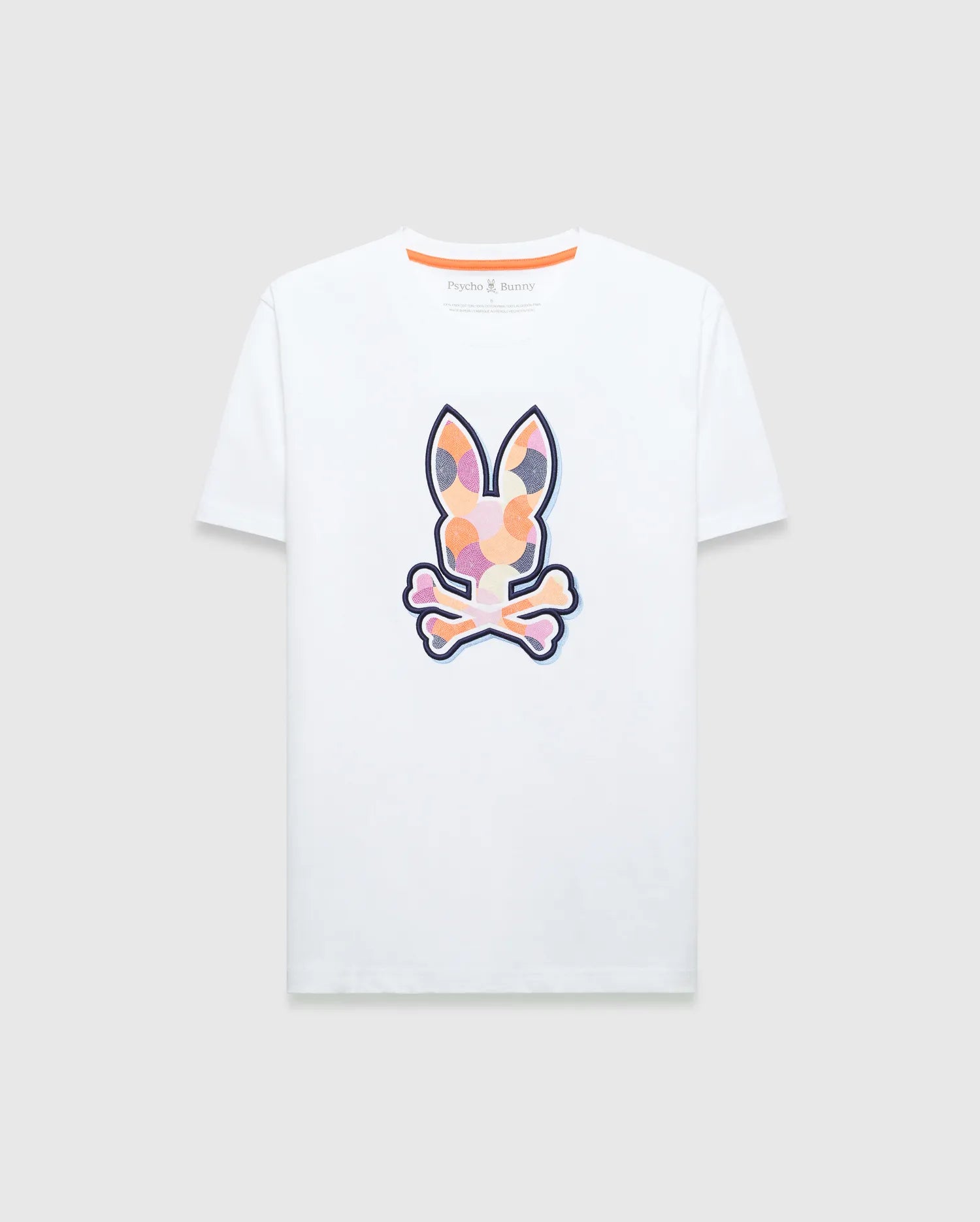 Mens Ethan Graphic Tee, white classic fit jersey t-shirt featuring a large colorful geometric Psycho Bunny skull logo on the chest and orange contrast neck tape. (1)