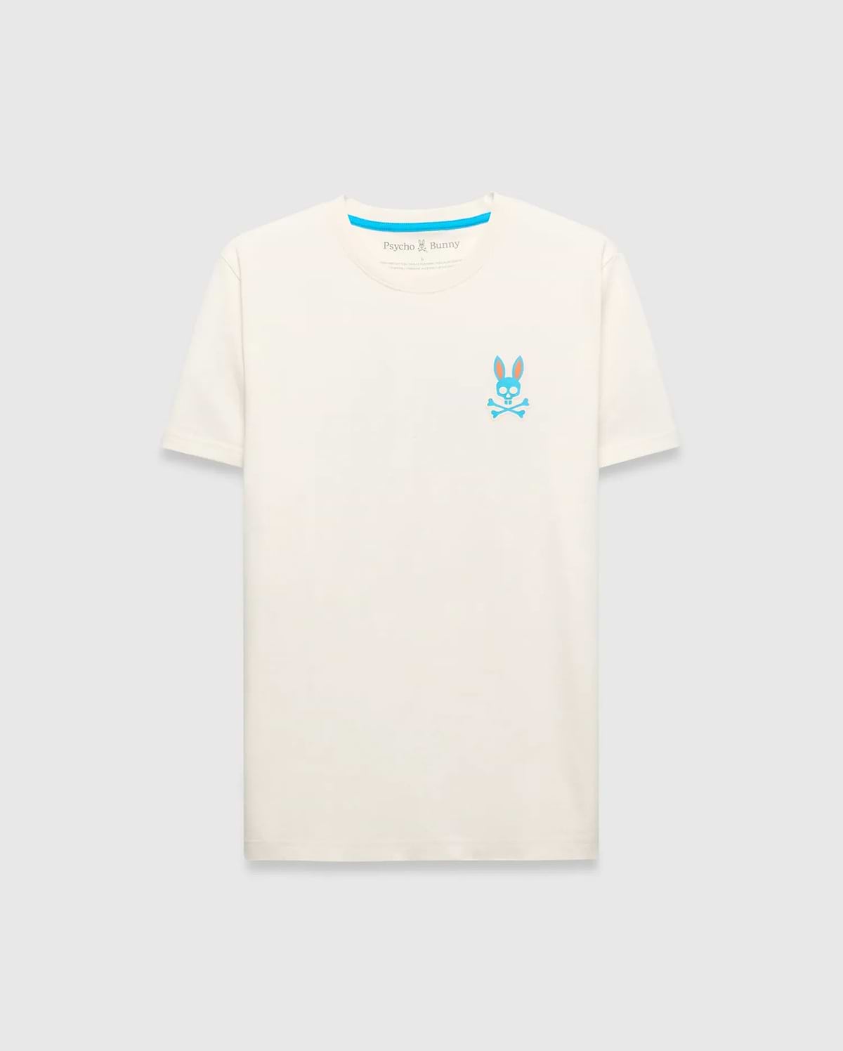Mens Frank Back Graphic Tee, a cream classic fit jersey t-shirt featuring a small blue and orange embroidered Psycho Bunny skull logo on the left chest and bright blue neck tape. (6)