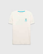 Mens Frank Back Graphic Tee, a cream classic fit jersey t-shirt featuring a small blue and orange embroidered Psycho Bunny skull logo on the left chest and bright blue neck tape. (6)