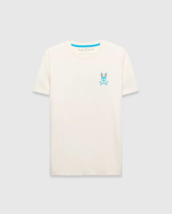 Mens Frank Back Graphic Tee, a cream classic fit jersey t-shirt featuring a small blue and orange embroidered Psycho Bunny skull logo on the left chest and bright blue neck tape. (6)