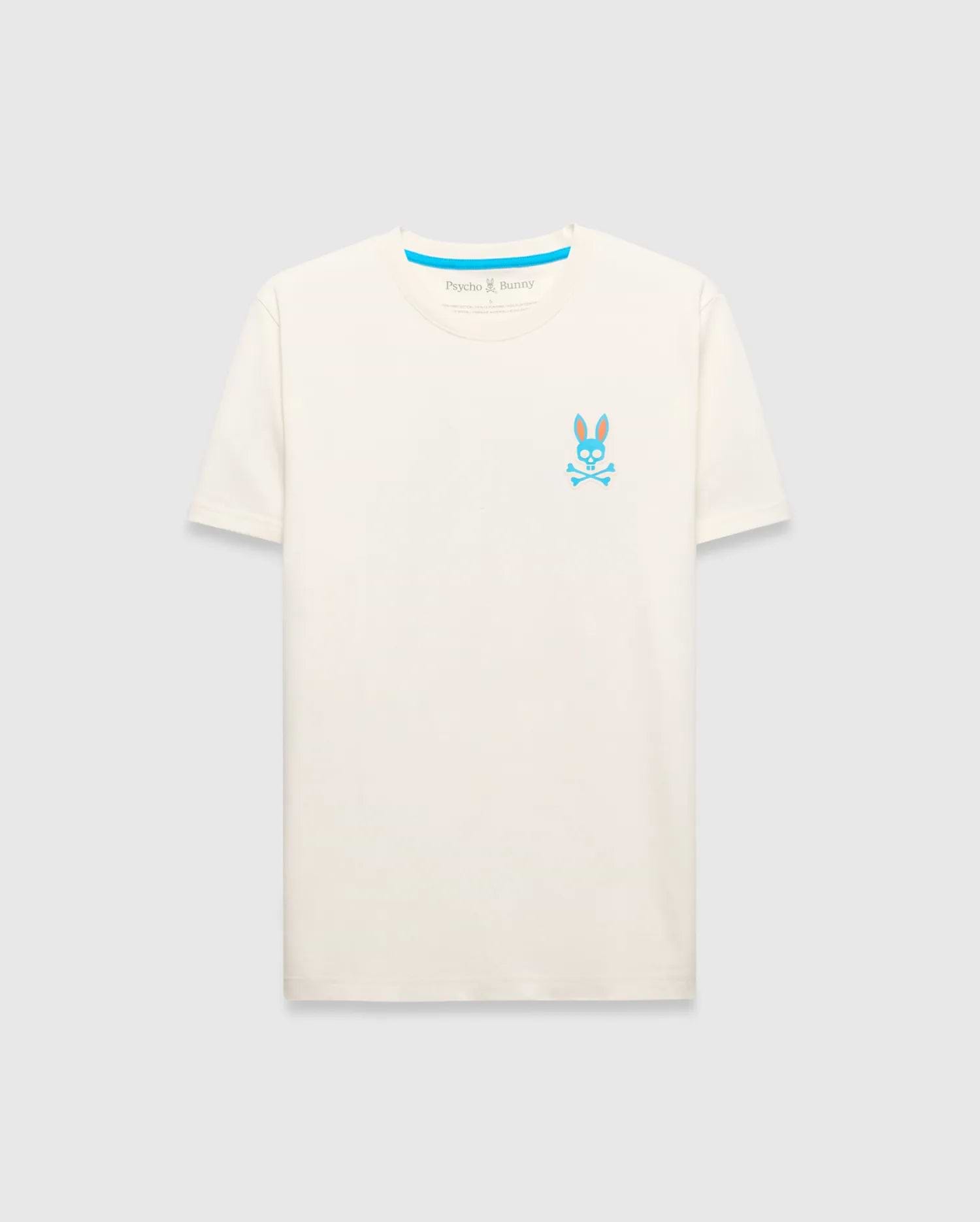 Mens Frank Back Graphic Tee, a cream classic fit jersey t-shirt featuring a small blue and orange embroidered Psycho Bunny skull logo on the left chest and bright blue neck tape. (6)