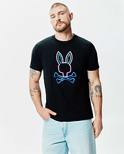 Black Mens Dayton Graphic Tee, classic fit, featuring a large, centered neon pink and blue gradient Psycho Bunny skull graphic on smooth jersey fabric. (1)