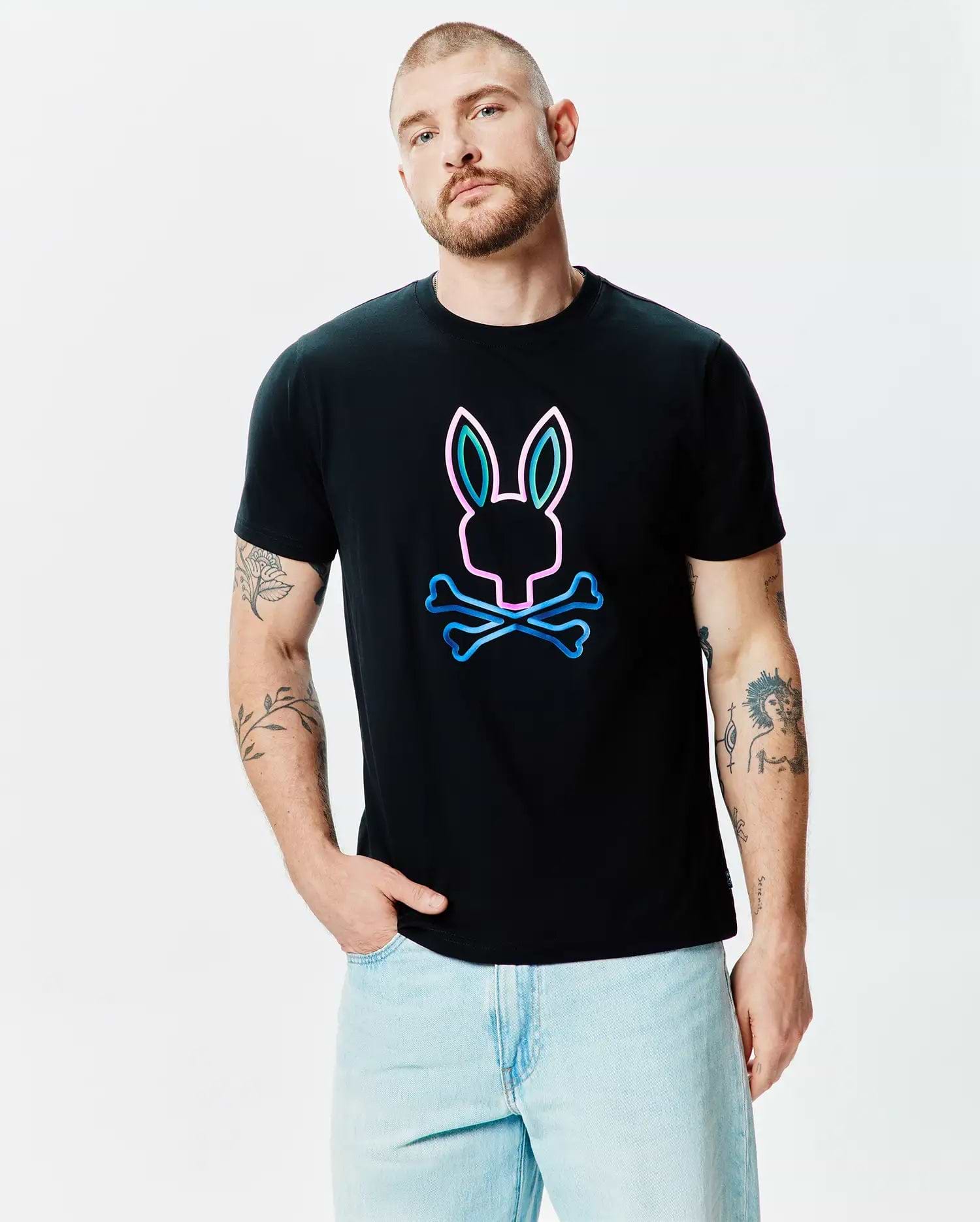 Black Mens Dayton Graphic Tee, classic fit, featuring a large, centered neon pink and blue gradient Psycho Bunny skull graphic on smooth jersey fabric. (1)