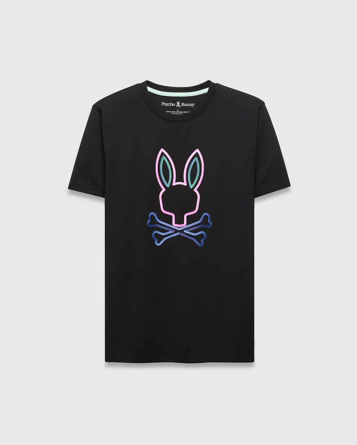 Black Mens Dayton Graphic Tee, a classic fit soft jersey t-shirt featuring a large, vibrant neon pink, blue, and green gradient Psycho Bunny skull graphic on the center chest. (5)