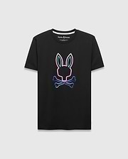 Black Mens Dayton Graphic Tee, a classic fit soft jersey t-shirt featuring a large, vibrant neon pink, blue, and green gradient Psycho Bunny skull graphic on the center chest. (5)