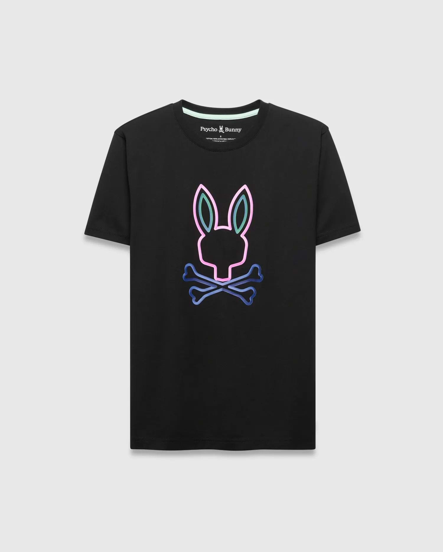Black Mens Dayton Graphic Tee, a classic fit soft jersey t-shirt featuring a large, vibrant neon pink, blue, and green gradient Psycho Bunny skull graphic on the center chest. (5)