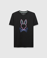 Black Mens Dayton Graphic Tee, a classic fit soft jersey t-shirt featuring a large, vibrant neon pink, blue, and green gradient Psycho Bunny skull graphic on the center chest. (5)