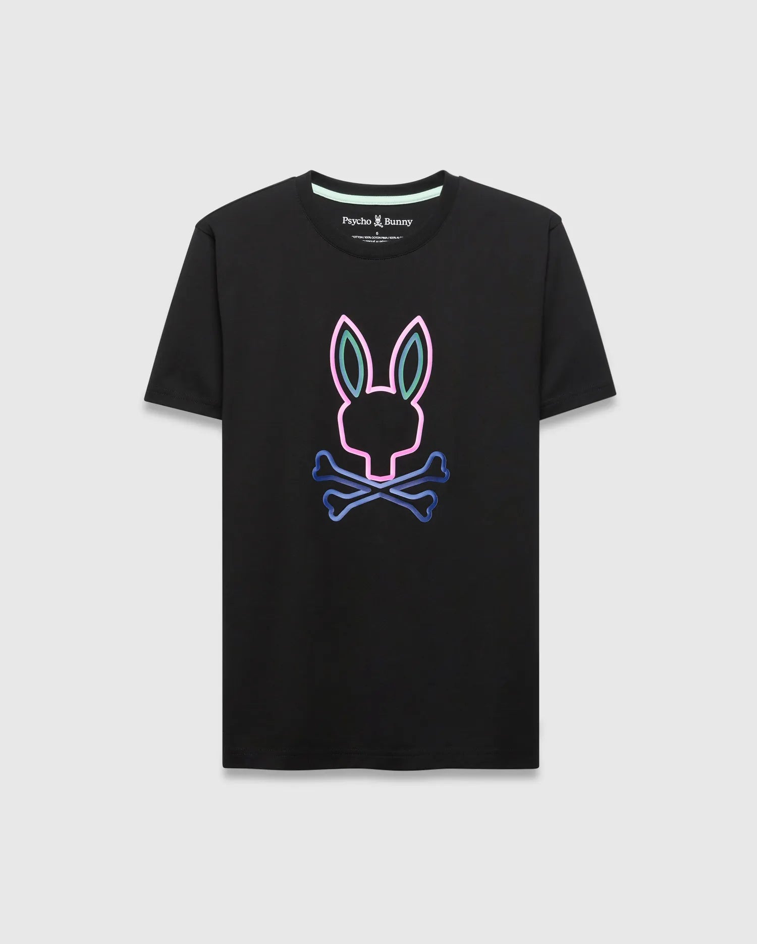 Black Mens Dayton Graphic Tee, a classic fit soft jersey t-shirt featuring a large, vibrant neon pink, blue, and green gradient Psycho Bunny skull graphic on the center chest. (5)