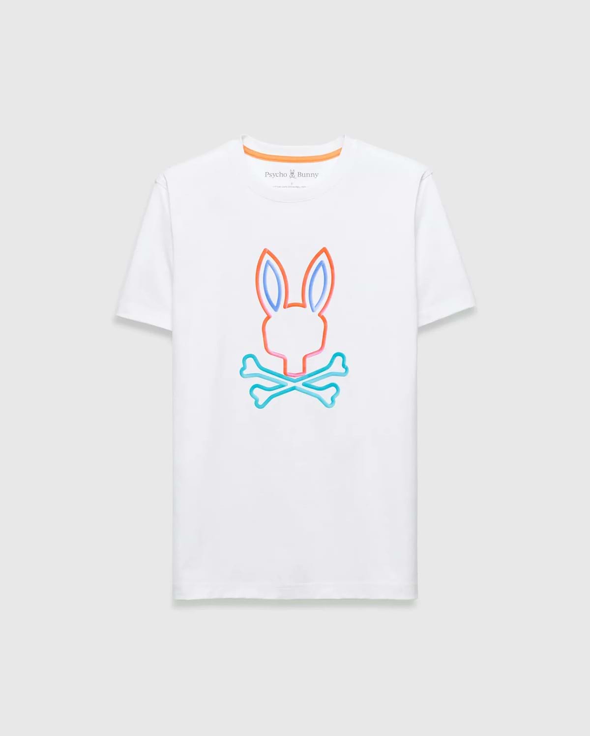 Mens Dayton Graphic Tee, white jersey knit classic fit t-shirt with a large neon orange, blue, and pink outlined Psycho Bunny skull logo on the chest, plus a small text logo and orange stripe on the inner collar. (1)