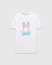 Mens Dayton Graphic Tee, white jersey knit classic fit t-shirt with a large neon orange, blue, and pink outlined Psycho Bunny skull logo on the chest, plus a small text logo and orange stripe on the inner collar. (1)