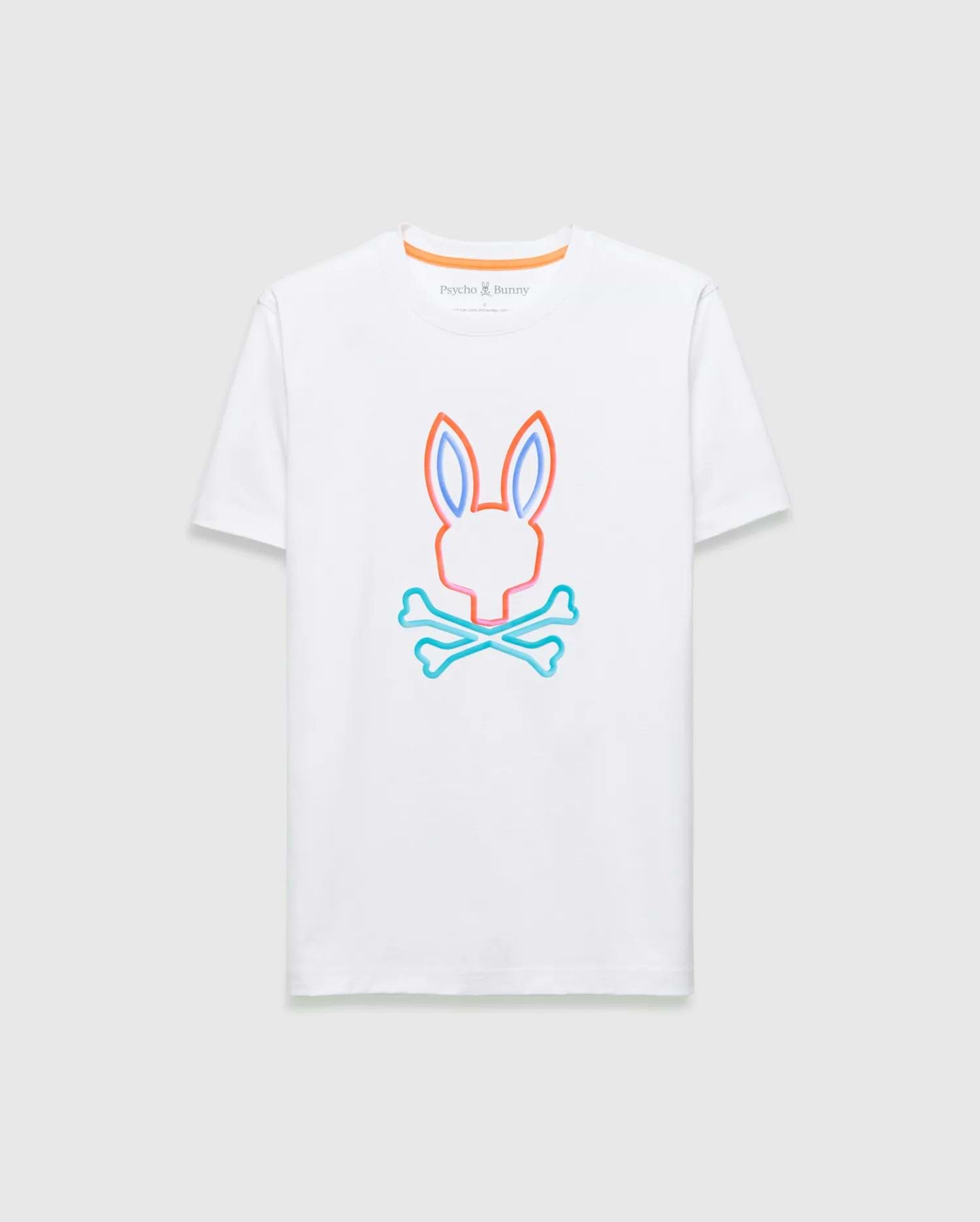 Mens Dayton Graphic Tee, white jersey knit classic fit t-shirt with a large neon orange, blue, and pink outlined Psycho Bunny skull logo on the chest, plus a small text logo and orange stripe on the inner collar. (1)