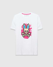 Mens Marcus Bunny Graphic Tee, white classic fit jersey t-shirt with a large distressed pink, blue, black, and beige Psycho Bunny skull graphic on the chest and pink neck tape.