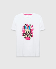 Mens Marcus Bunny Graphic Tee, white classic fit jersey t-shirt with a large distressed pink, blue, black, and beige Psycho Bunny skull graphic on the chest and pink neck tape.