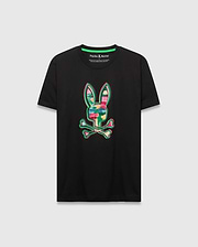Mens Nate Graphic Tee, black classic fit jersey t-shirt featuring a large, vibrant multicolor brushstroke Psycho Bunny skull logo graphic on the chest.