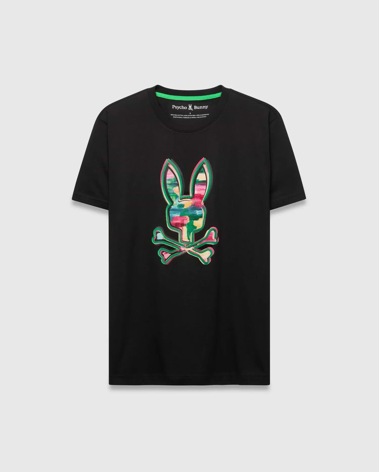Mens Nate Graphic Tee, black classic fit jersey t-shirt featuring a large, vibrant multicolor brushstroke Psycho Bunny skull logo graphic on the chest.