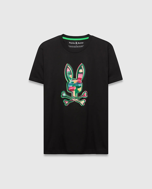 Mens Nate Graphic Tee, black classic fit jersey t-shirt featuring a large, vibrant multicolor brushstroke Psycho Bunny skull logo graphic on the chest.