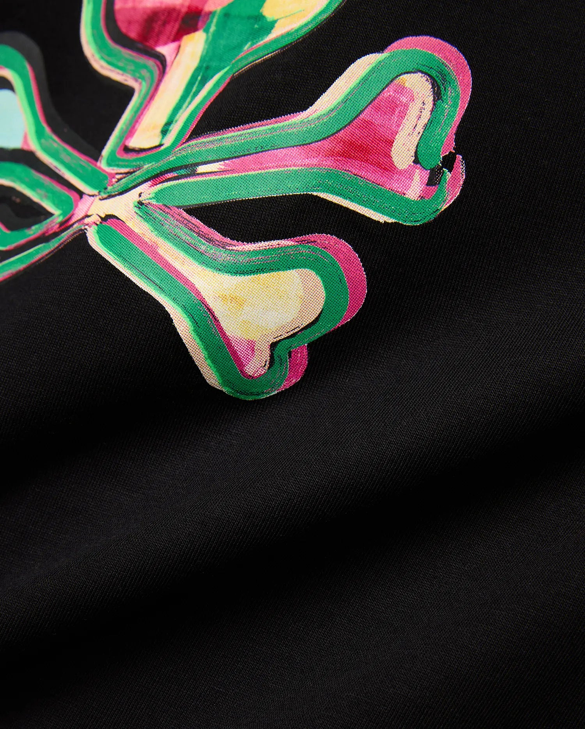 Black Mens Nate Graphic Tee, soft jersey knit, with a large, abstract Psycho Bunny skull graphic print in vibrant fuchsia, lime green, yellow, and light blue.