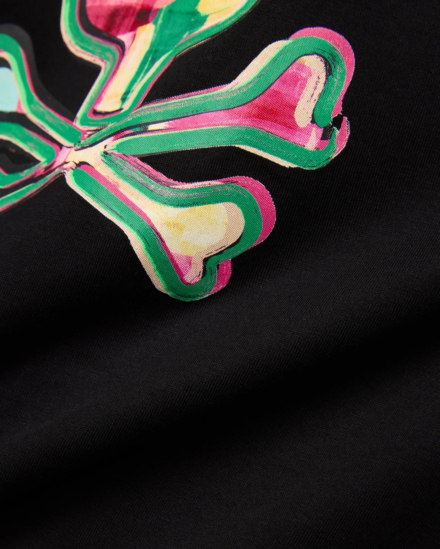 Black Mens Nate Graphic Tee, soft jersey knit, with a large, abstract Psycho Bunny skull graphic print in vibrant fuchsia, lime green, yellow, and light blue.