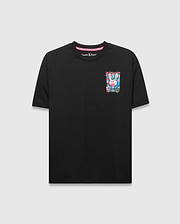 Black Mens Isaac Relaxed Fit Tee in smooth jersey, featuring a small vibrant multi-color graphic bunny skull logo on the left chest and a pink inner neckline.