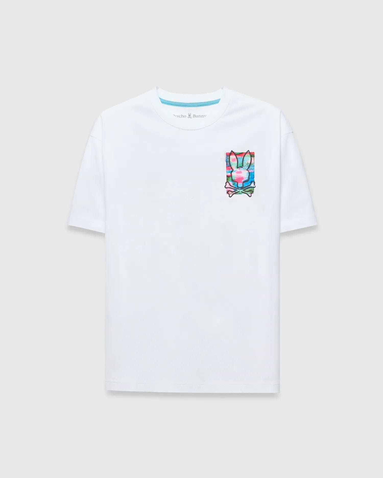 Mens Isaac Relaxed Fit Tee, a white jersey t-shirt with a relaxed fit, featuring a vibrant multi-color graphic Psycho Bunny skull logo on the left chest and a blue inner neck stripe.