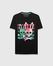 Mens Landon Wordmark Tee, black classic fit jersey t-shirt with a large, vibrant gradient Psycho Bunny skull logo on the chest, formed by repeating pink, green, and blue wordmarks. (1)