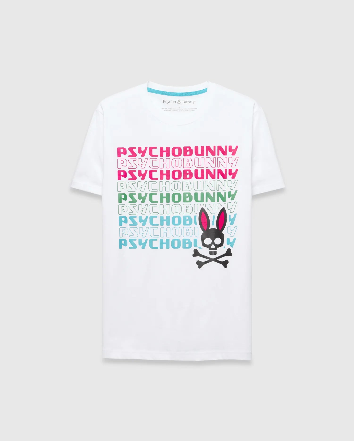 White Mens Landon Wordmark Tee, a classic fit jersey t-shirt with a vibrant gradient PSYCHOBUNNY wordmark in pink, green, and blue, featuring a large black and pink Psycho Bunny skull logo on the front.