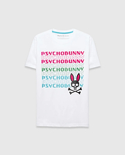 White Mens Landon Wordmark Tee, a classic fit jersey t-shirt with a vibrant gradient PSYCHOBUNNY wordmark in pink, green, and blue, featuring a large black and pink Psycho Bunny skull logo on the front.