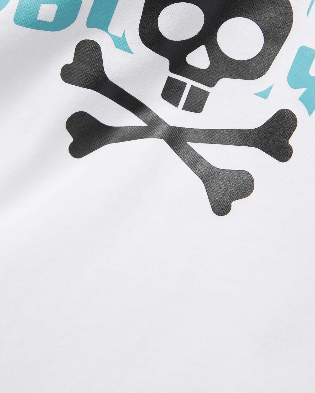Mens Landon Wordmark Tee, a white jersey knit t-shirt with a large graphic print featuring the iconic black Psycho Bunny skull and crossbones and a partial light blue wordmark.