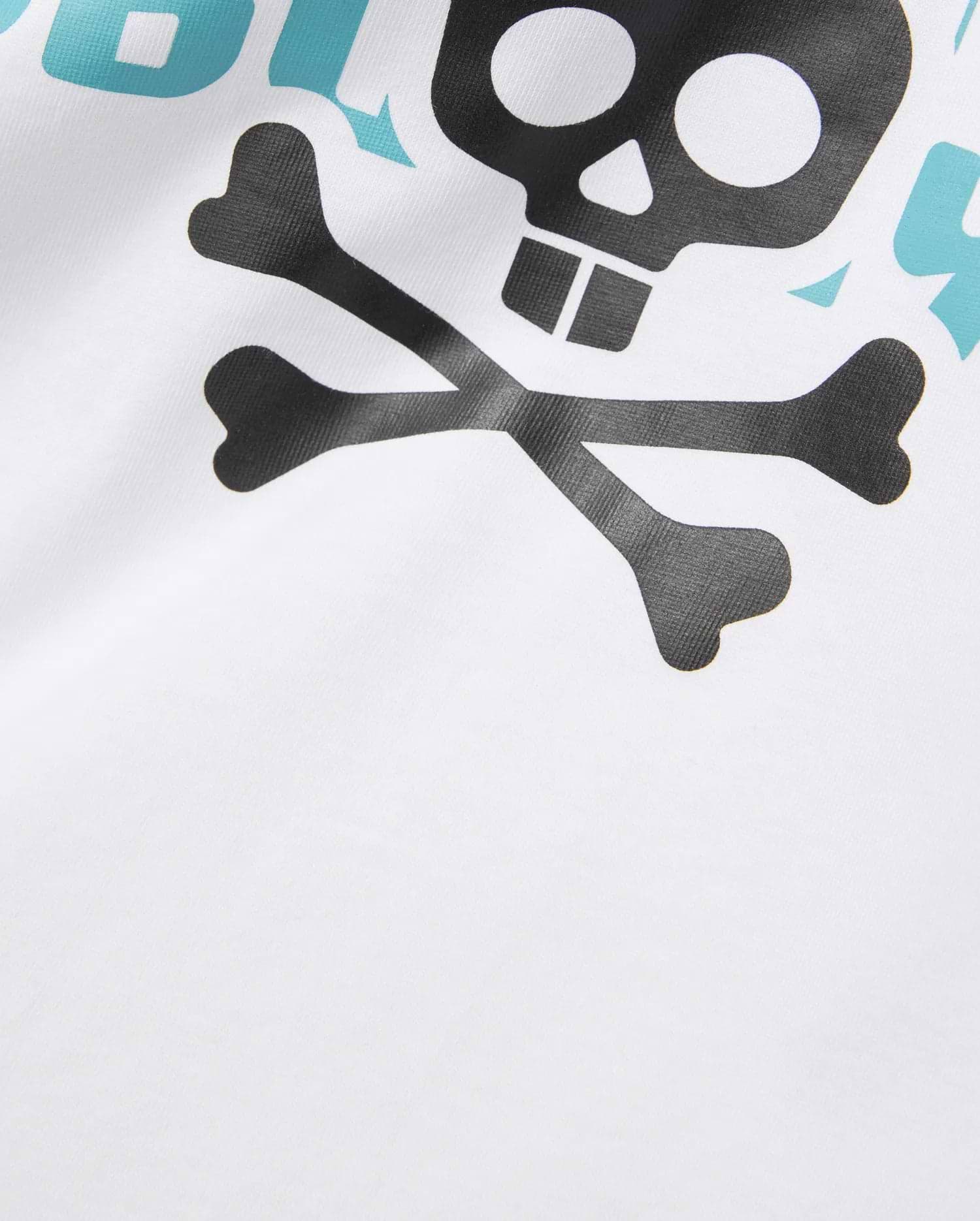 Mens Landon Wordmark Tee, a white jersey knit t-shirt with a large graphic print featuring the iconic black Psycho Bunny skull and crossbones and a partial light blue wordmark.