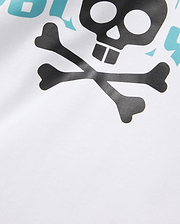 Mens Landon Wordmark Tee, a white jersey knit t-shirt with a large graphic print featuring the iconic black Psycho Bunny skull and crossbones and a partial light blue wordmark.