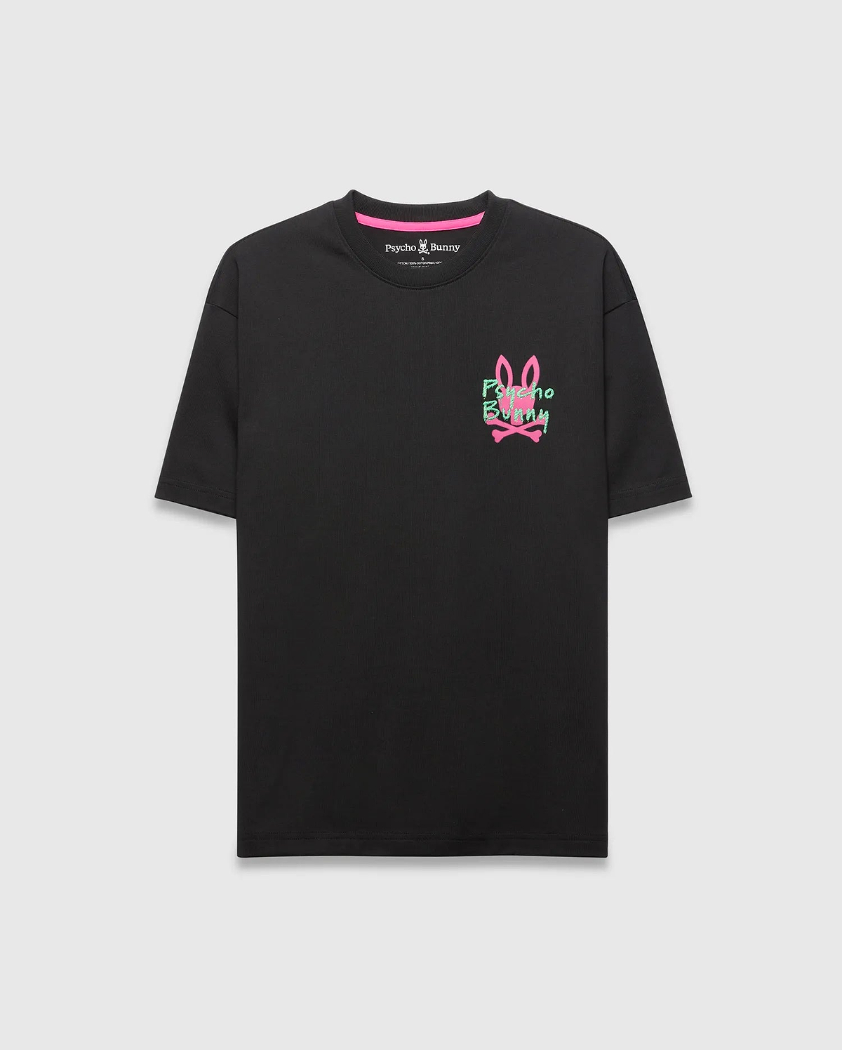 Black Mens Duncan Relaxed Fit Tee in soft jersey, featuring a vibrant pink and green embroidered Psycho Bunny skull logo on the left chest and a pink neck tape.