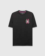 Black Mens Duncan Relaxed Fit Tee in soft jersey, featuring a vibrant pink and green embroidered Psycho Bunny skull logo on the left chest and a pink neck tape.