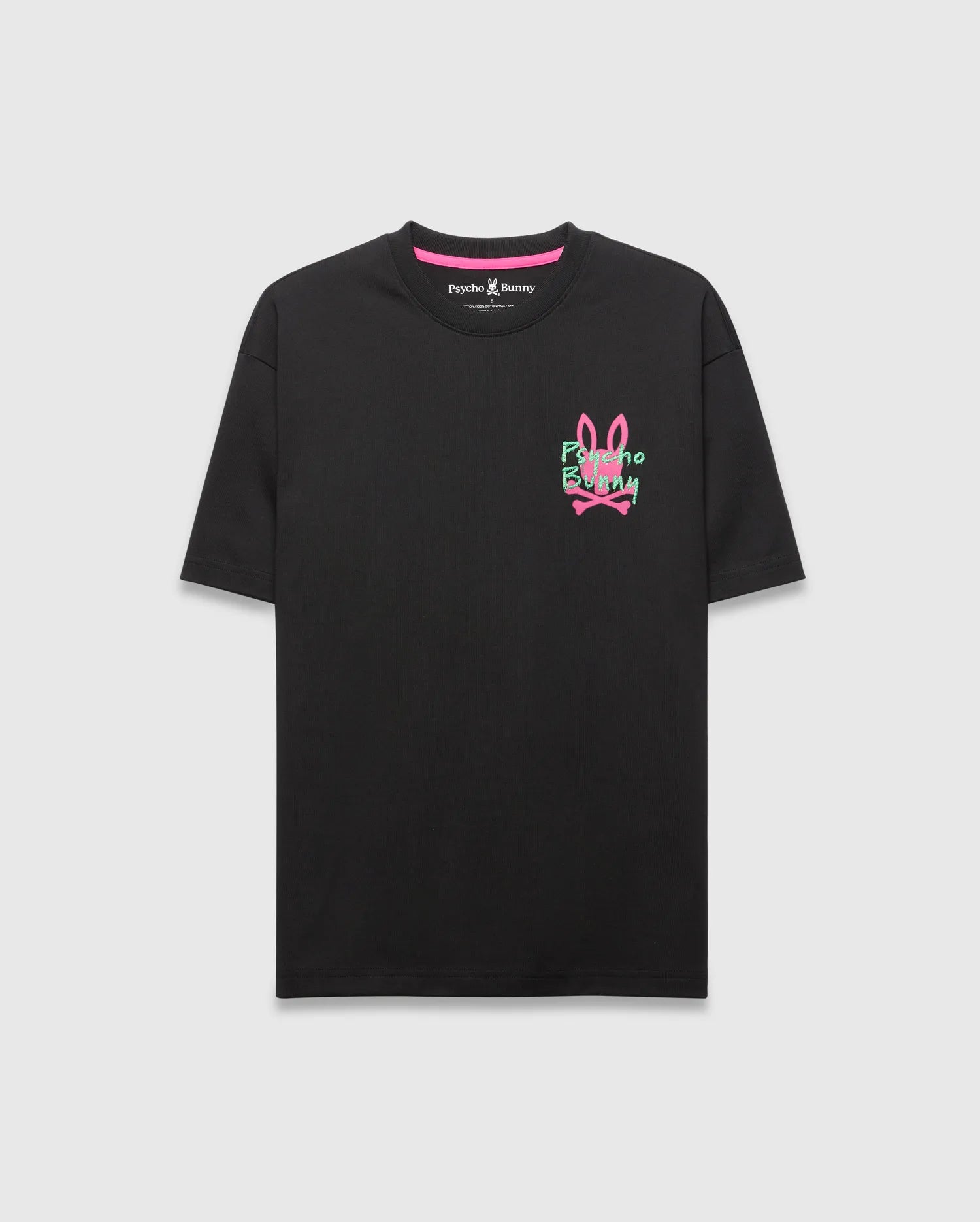 Black Mens Duncan Relaxed Fit Tee in soft jersey, featuring a vibrant pink and green embroidered Psycho Bunny skull logo on the left chest and a pink neck tape.