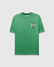 Mens Duncan Relaxed Fit Tee, a vibrant green relaxed fit jersey t-shirt featuring a large, distressed white and black Psycho Bunny skull logo with red crossbones on the center chest.
