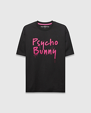Mens Duncan Wordmark Relaxed Fit Tee, a black jersey t-shirt with a relaxed fit, featuring a bold pink spray paint Psycho Bunny wordmark graphic, small embroidered bunny skull logo, and pink inner neck tape.