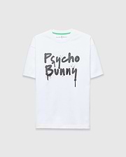 White Mens Duncan Wordmark Relaxed Fit Tee in smooth jersey, featuring a large dark grey graffiti-style Psycho Bunny wordmark graphic with drip effect on the chest and a small green neck tag logo.
