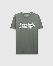 Mens Byron Wordmark Tee, olive green classic fit jersey t-shirt with a large white Psycho Bunny wordmark and bunny skull graphic on the chest, featuring a neon green neck tape.