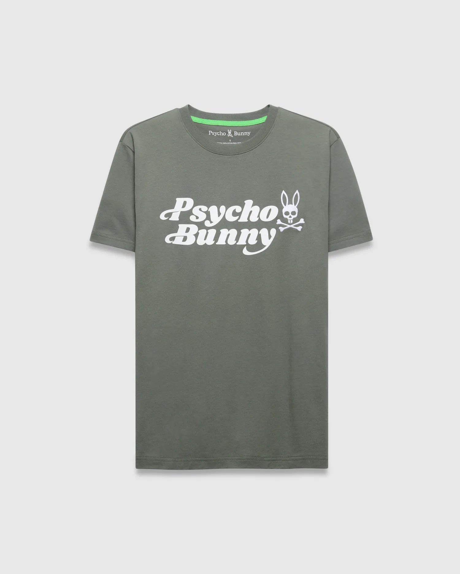 Mens Byron Wordmark Tee, olive green classic fit jersey t-shirt with a large white Psycho Bunny wordmark and bunny skull graphic on the chest, featuring a neon green neck tape.