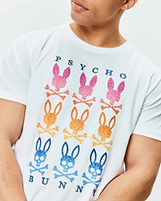 Mens Colt Graphic Tee, white classic fit jersey knit with a large chest graphic of nine gradient pink, orange, and blue Psycho Bunny skull logos and dark blue text.