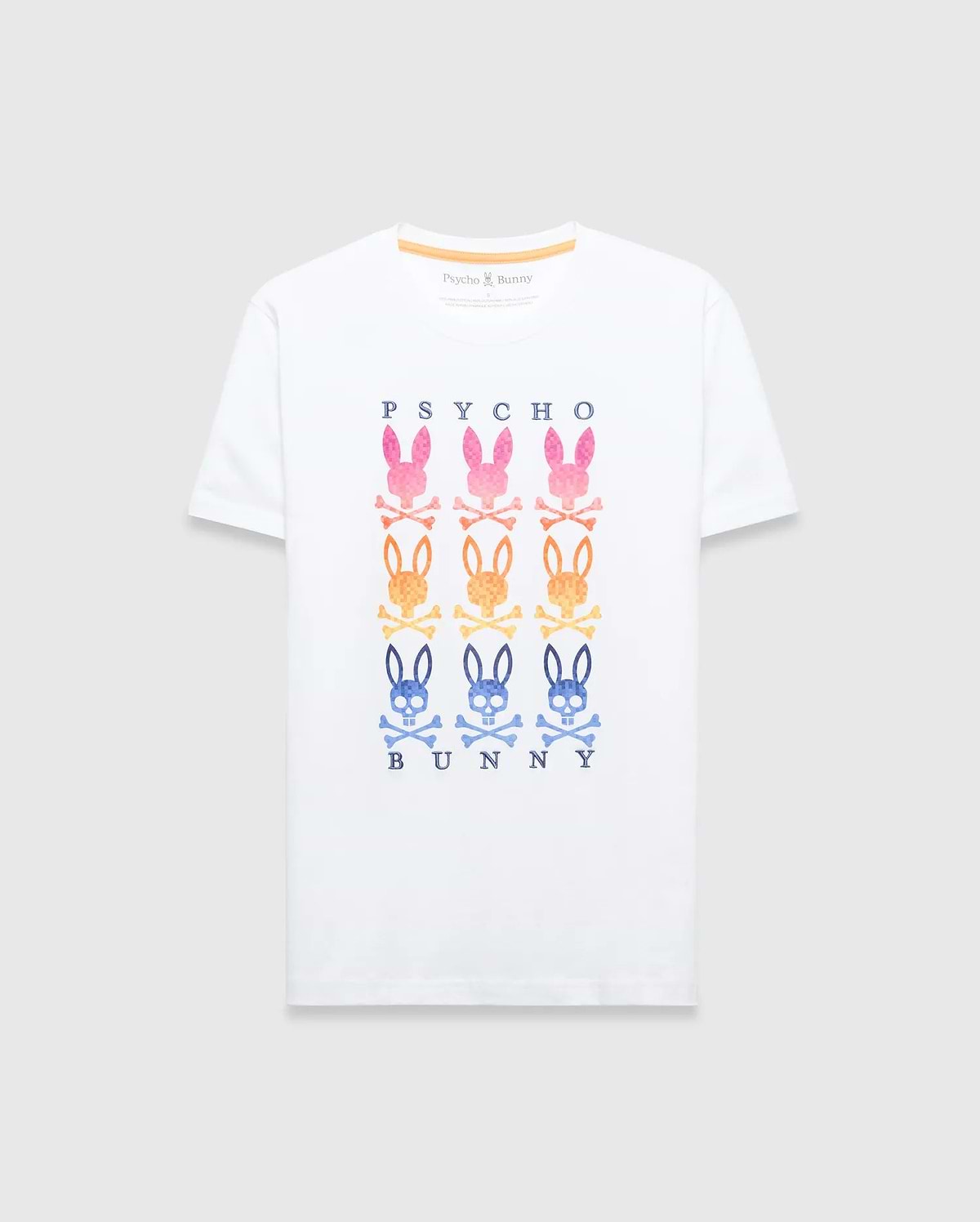 White Mens Colt Graphic Tee, classic fit jersey, featuring a bold chest graphic with PSYCHO text, six gradient pink, orange, and blue bunny skull logos, and BUNNY text.