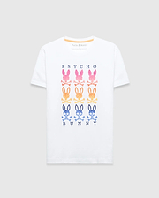 White Mens Colt Graphic Tee, classic fit jersey, featuring a bold chest graphic with PSYCHO text, six gradient pink, orange, and blue bunny skull logos, and BUNNY text.