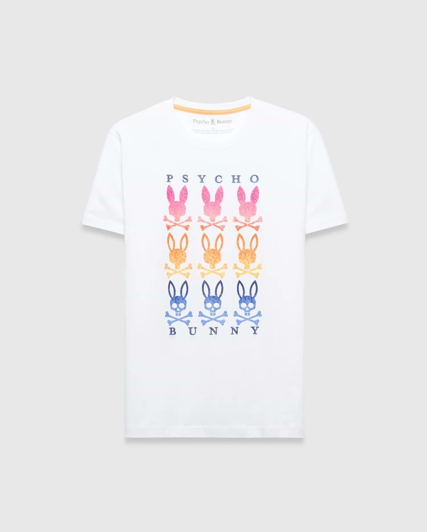 White Mens Colt Graphic Tee, classic fit jersey, featuring a bold chest graphic with PSYCHO text, six gradient pink, orange, and blue bunny skull logos, and BUNNY text.